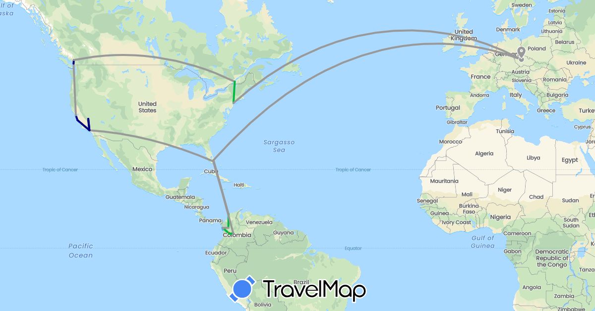 TravelMap itinerary: driving, bus, plane, hiking, boat in Canada, Colombia, Czech Republic, United States (Europe, North America, South America)